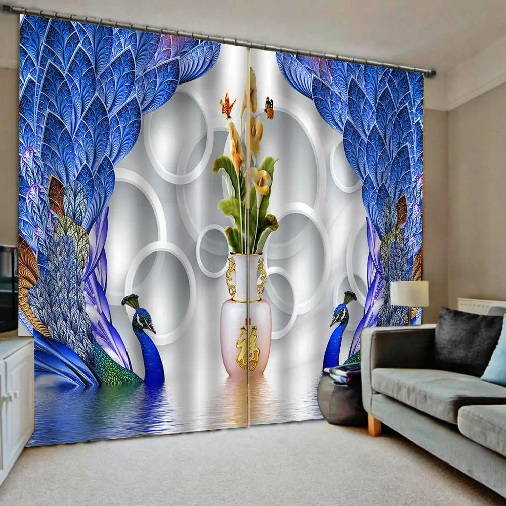 

photo Blackout Window Drapes Luxury 3D Curtains For Living room Blue peacock curtains stereoscopic curtains