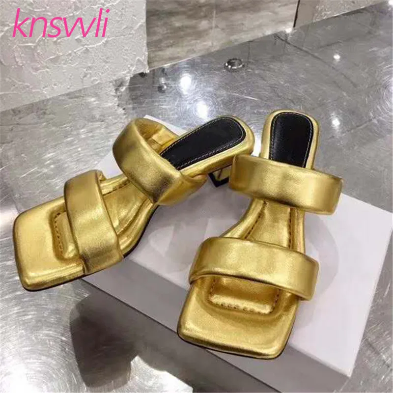 

Sponge Leather Kitten Heel Slippers Women Square Toe Mules Ladies Slides Low Heel Sandals Woman Summer Runway Party Shoes Lady