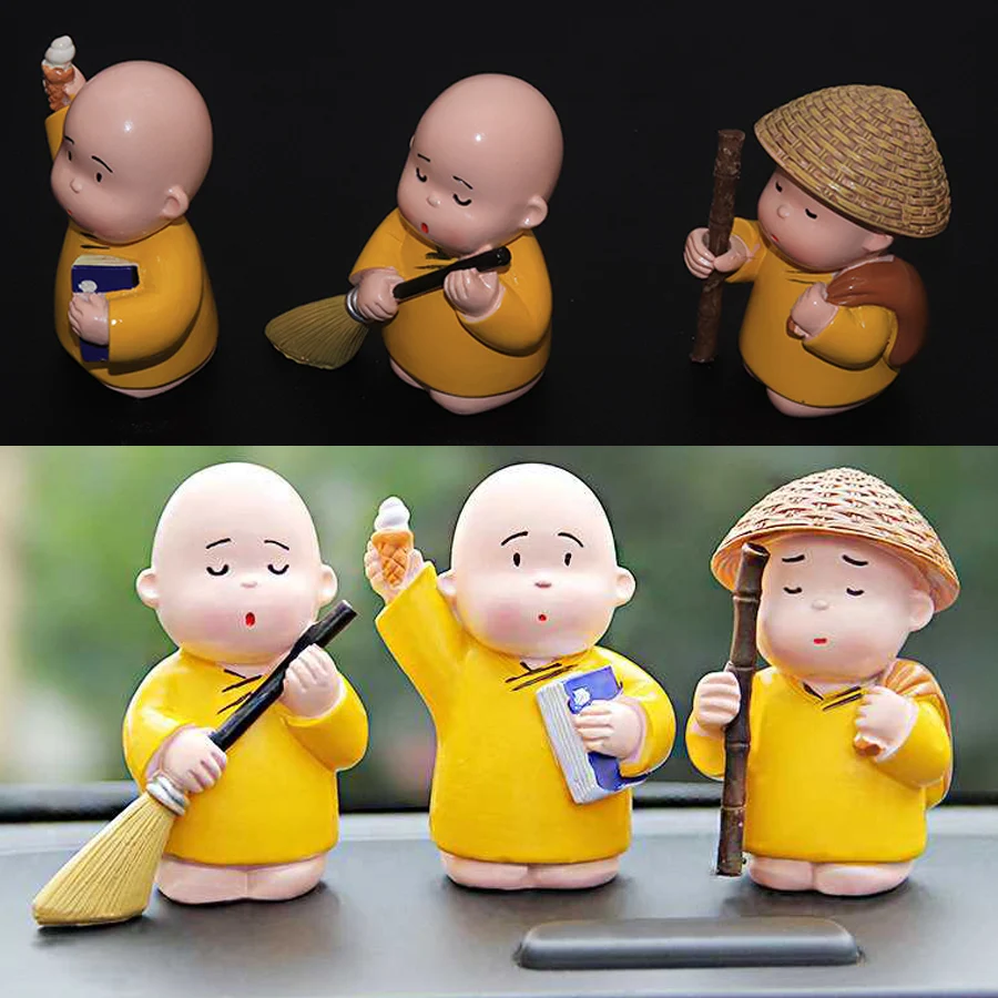 

JEAZEA 3x Second Cargo Monk Car Interior Display Decoration Mini Fairy Seat Ornament Car Home Decor Resin Kid Doll Holiday Gift
