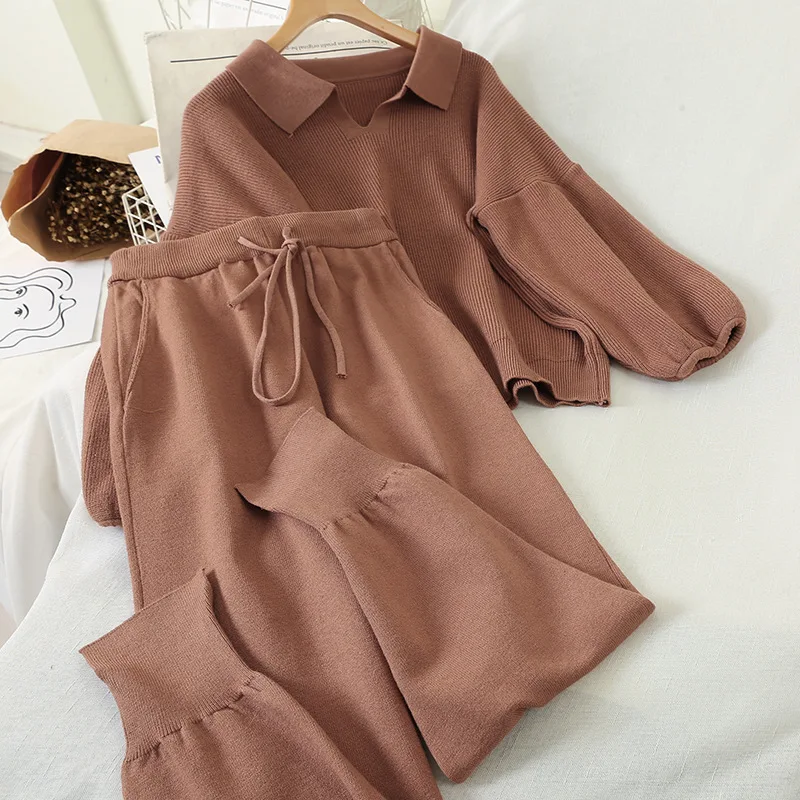 Трикотажные костюмы женщин комплект из двух предметов свитер топ и штаны