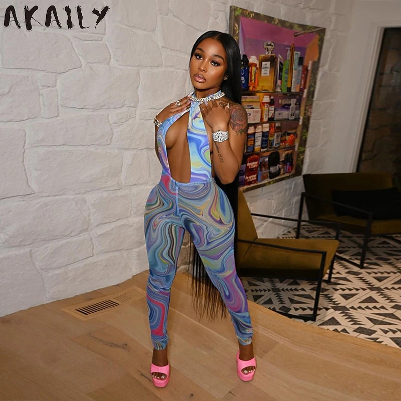 

Летняя уличная одежда Akaily, сетчатый прозрачный Облегающий комбинезон с принтом, Женский Облегающий комбинезон с лямкой на шее и открытой сп...
