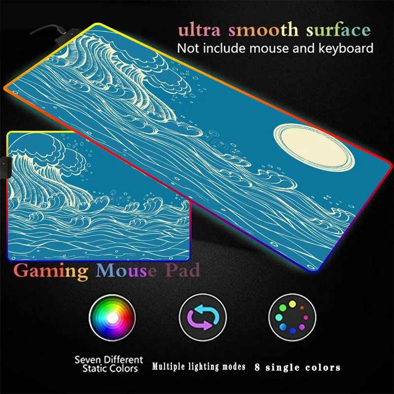 

Japan Waves RGB Light Mouse Pad 30X60/90x40cm Anime XXL Gaming Padmouse Gamer Laptop Keyboard Mouse Mats for Playing Game CSGO