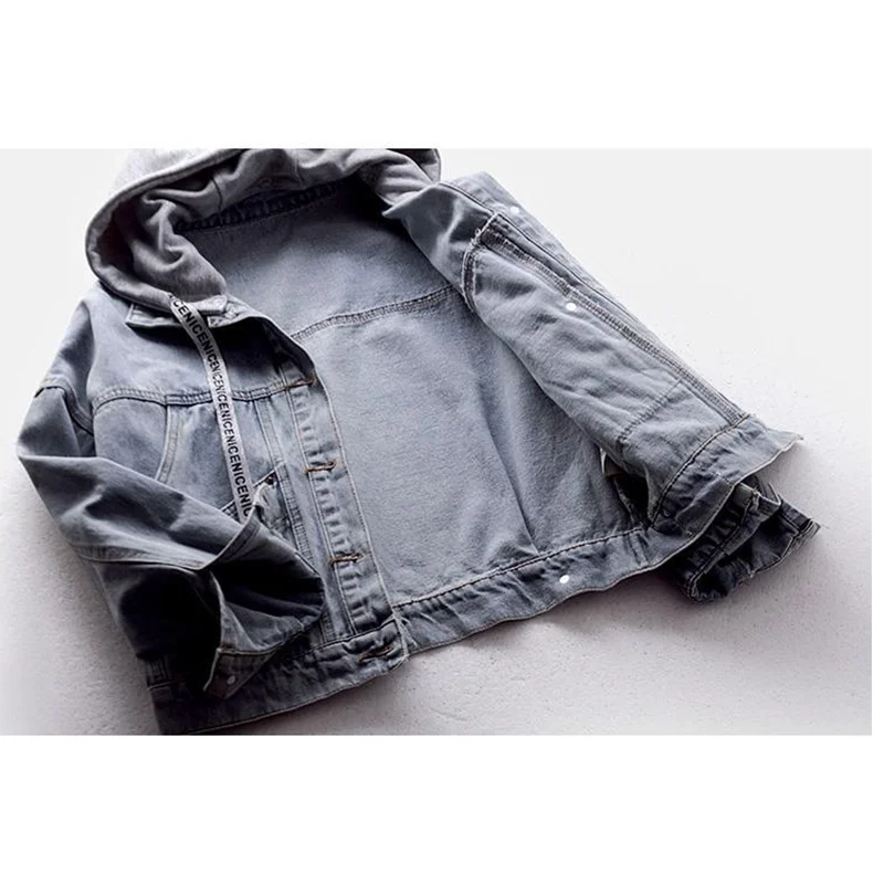 

Denim Short Jacket Women Loose 2021 Spring Autumn BF Long-Sleeved Hooded Coat Big Pocket Singal Breasted Female Casual Top