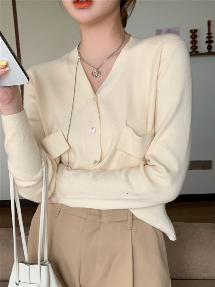 

3 colors 2020 autumn korean ins style v neck knit sweater womens pocket knitted cardigans sweater coat womens (R99443)