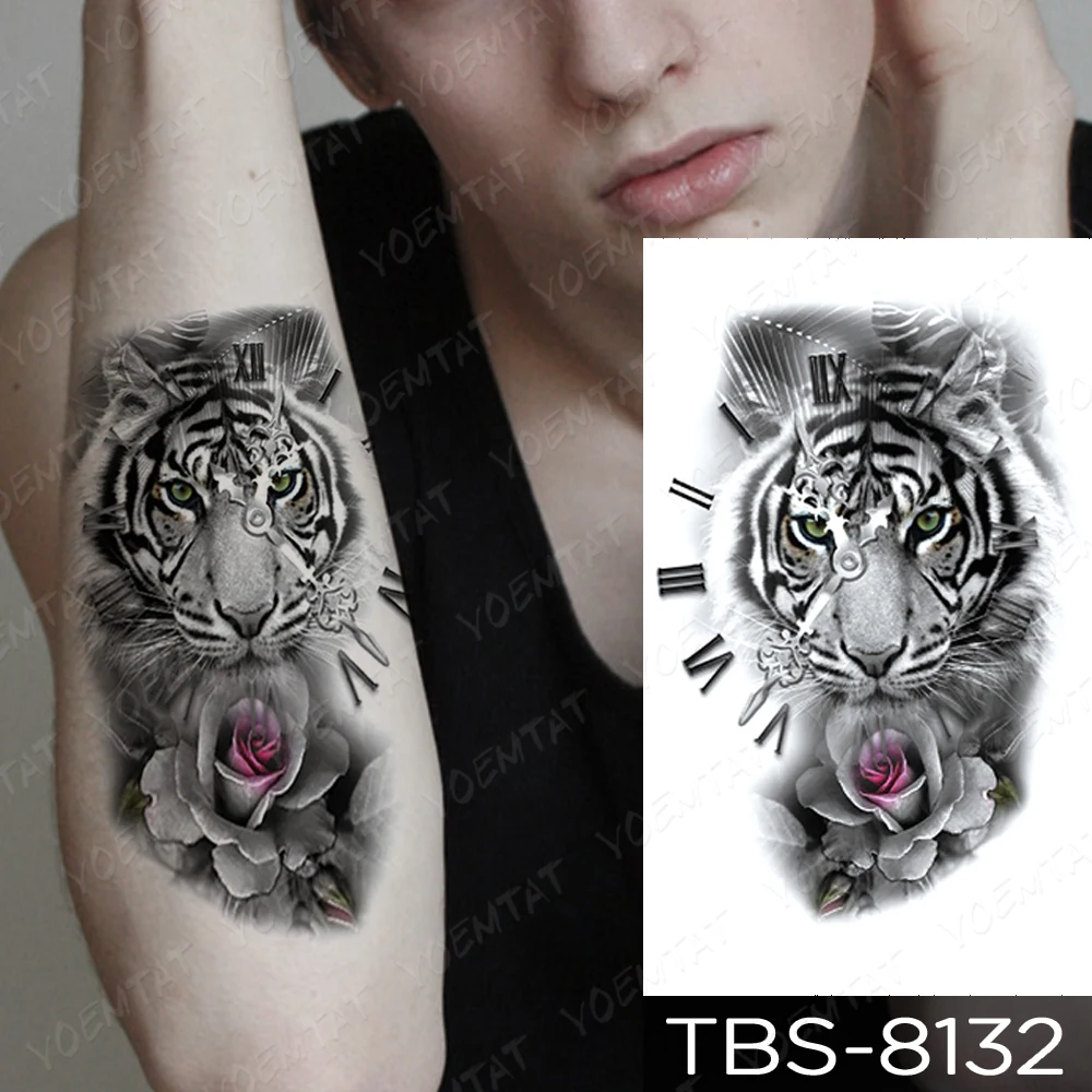 

Waterproof Temporary Tattoo Sticker Tiger Flowers Butterfly Flash Tattoos Lion Cool Girl Crown Body Art Arm Fake Tatoo Women Men