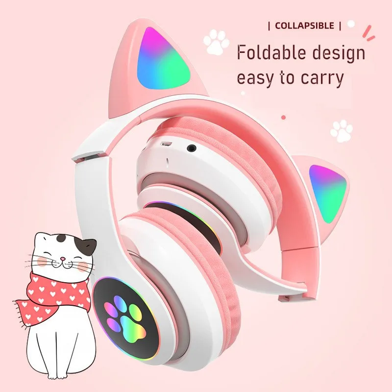 Cute Cat Ears Wireless Headphones With Flash Light Microphone LED Kids Girl Stereo Music Helmet Phone Bluetooth Headset Gift | Электроника