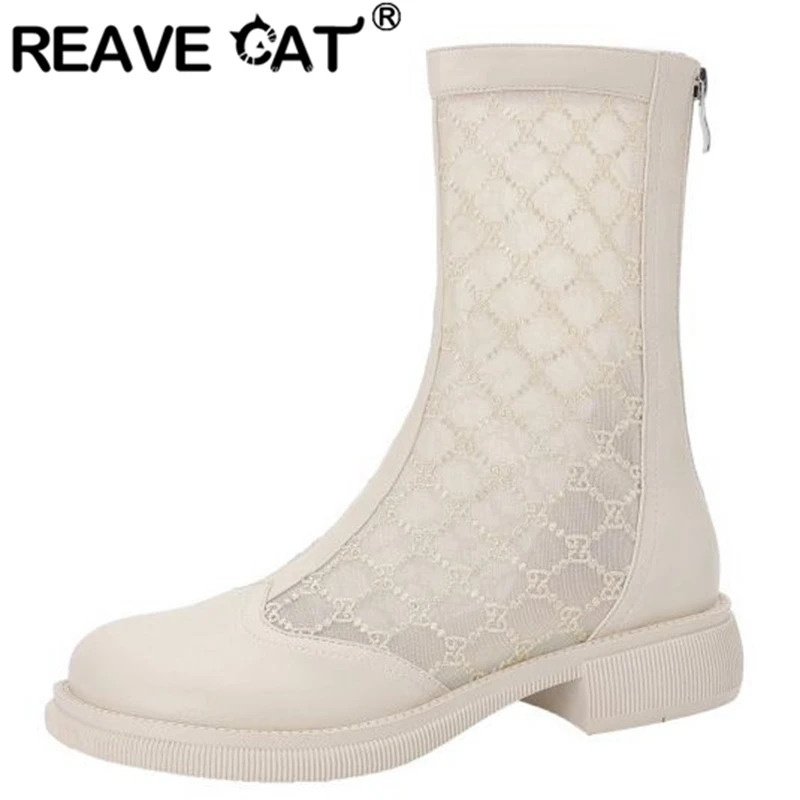 

REAVE CAT Summer Boots For Woman Round Toe Mid Heels Breathable Mesh Hollow Splice Zip Big Size 34-43 White Beige Fashion S2985
