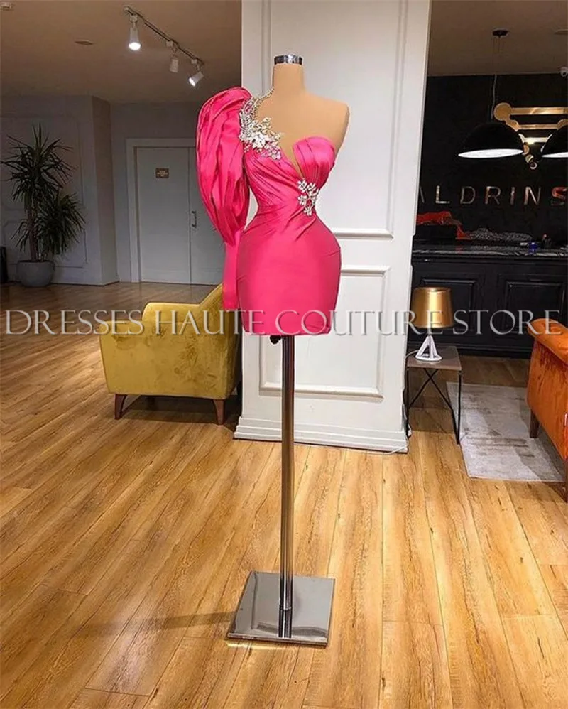 Long Sleeve One Shoulder Short Prom Dresses 2021 Satin Beaded Fashion Party Dress hot pink prom dress