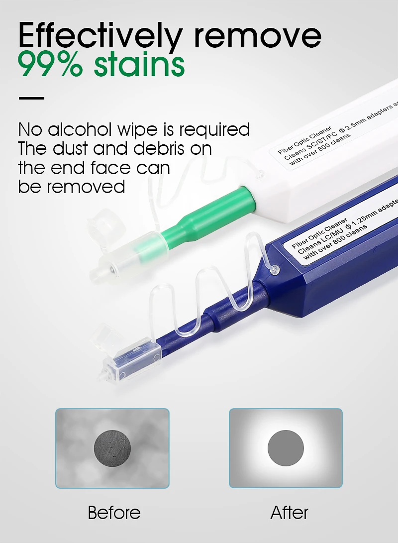 

Средство для очистки одним нажатием Φ Pen очищает коннектор 2,5 мм SC FC ST и 1,25 ММ LC MU более 800 раз