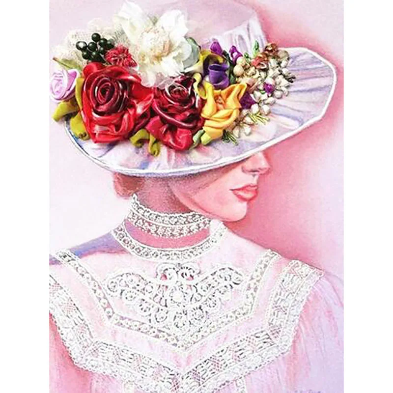 

5D Diamond Painting Women Full Square/Round Drill Mosaic Diamond Embroidery "Flower Hat Beauty" Cross Stitch Home Decor Gift