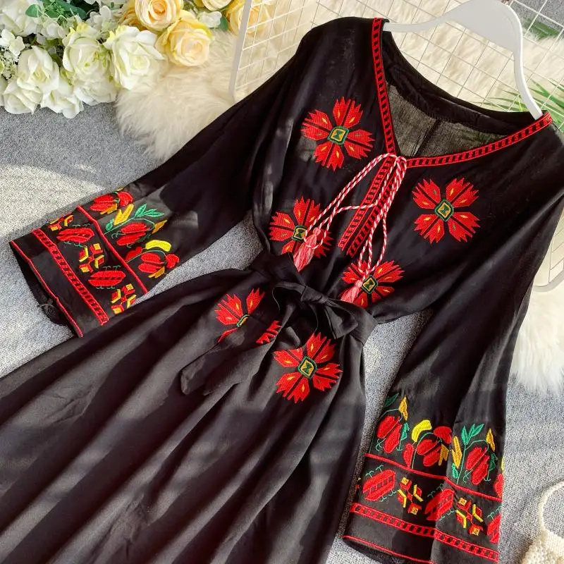 Женское платье с цветочной вышивкой ropa verano mujer приталенное Хлопковое длинным