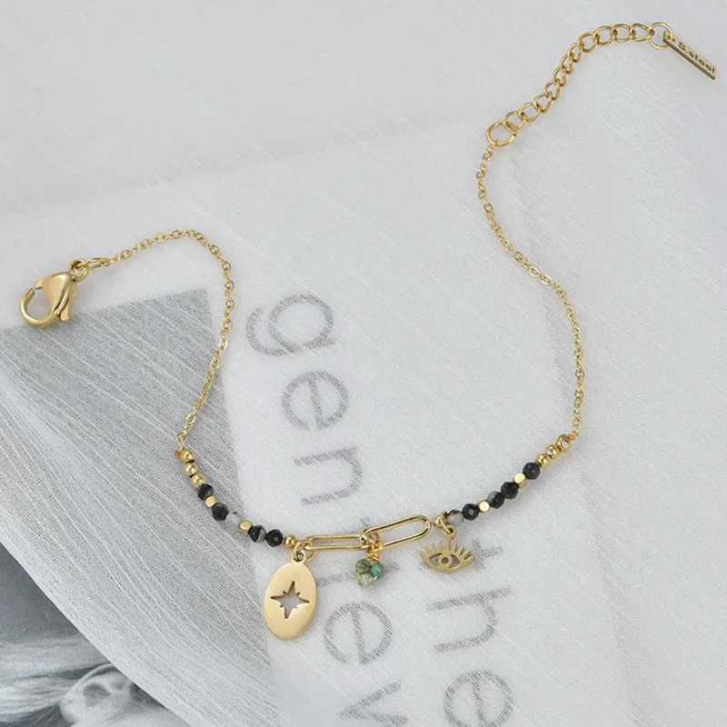 14k Gold Hollow Out Compass Bracelet Women's Fashion Temperament Versatile Eye Rice Bead Bracelet Popular Jewelry For Women