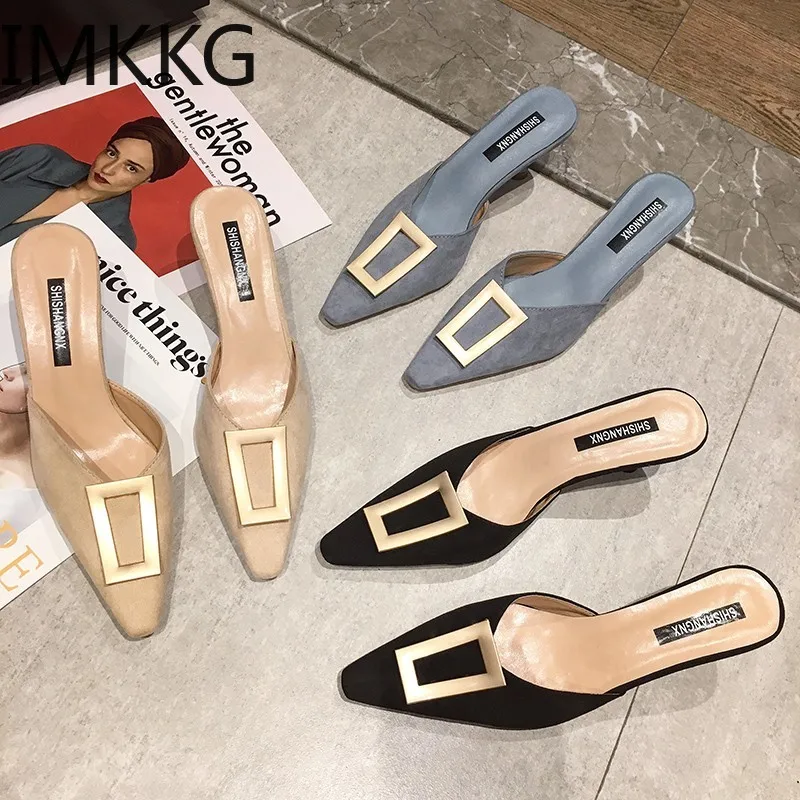 Летние женские туфли без задника Женские босоножки с острым носком на высоком