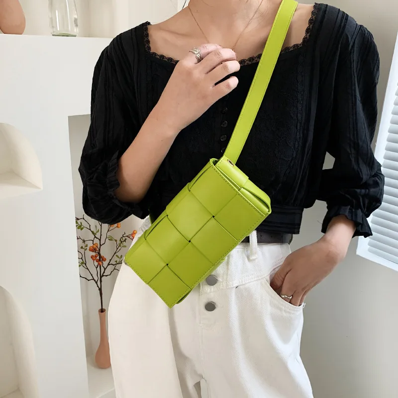 

Ladies Designer Brand Woven PU Leather Flap Waist Chest Pack Bag Belt Cassette Small Knit Mobile Phone Crossbody Shoulder Purses