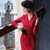 dabuwawa elegant burgundy sashes sheath dress office lady long sleeve v neck slim fit party workwear dress female dt1cdr013