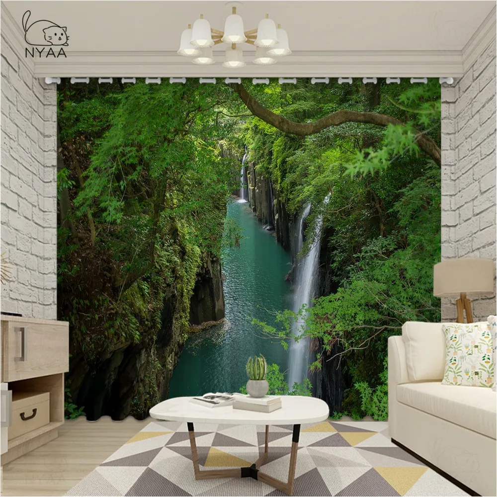 Занавеска занавеска водопад в горном лесу под большим небом|Занавески| |