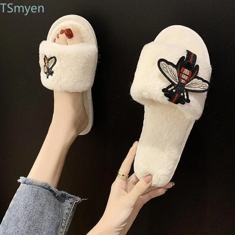 Зимние женские меховые тапочки симпатичная простота маленькая пчелка вышивка