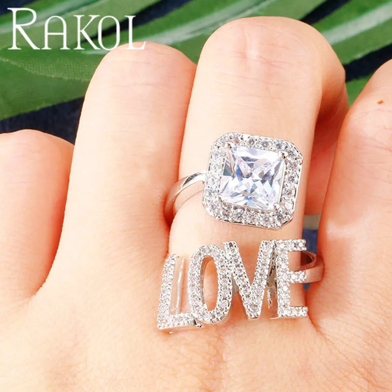 RAKOL Luxury Square Cubic Zirconia Ring for Woman Fashion Love Letter Anniversary Party Dress Wedding fashion Jewelry RR2127 | Украшения и