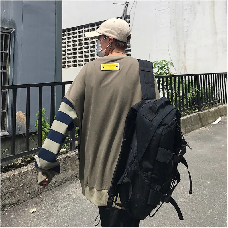 2019 Spring And Autumn New Contrast Color Striped Stitching Loose Sweatshirt Casual Pullover Navy Blue Yellow / Army Green | Мужская