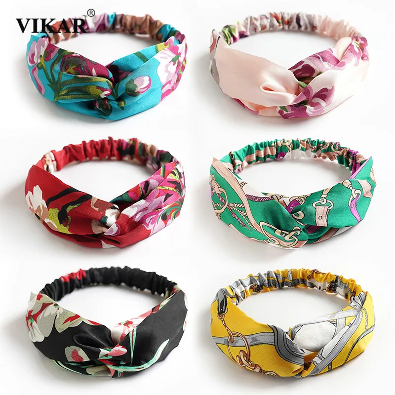 VIKAR Women Satin Geranium Print Headband Hair Accessories Elastic Band Bandanas Hairbands Headwrap Sweet Knotted Headwear |