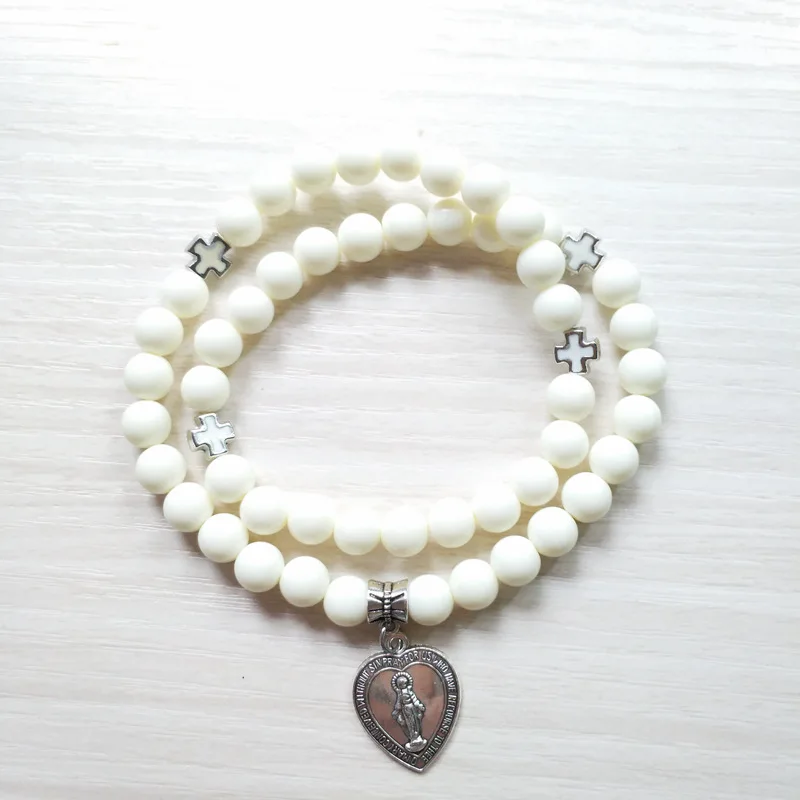 

QIGO Vintage Heart Virgin Pendant White Acrylic Strand Double Layers Elastic Bracelets For Men Women Religious Jewelry