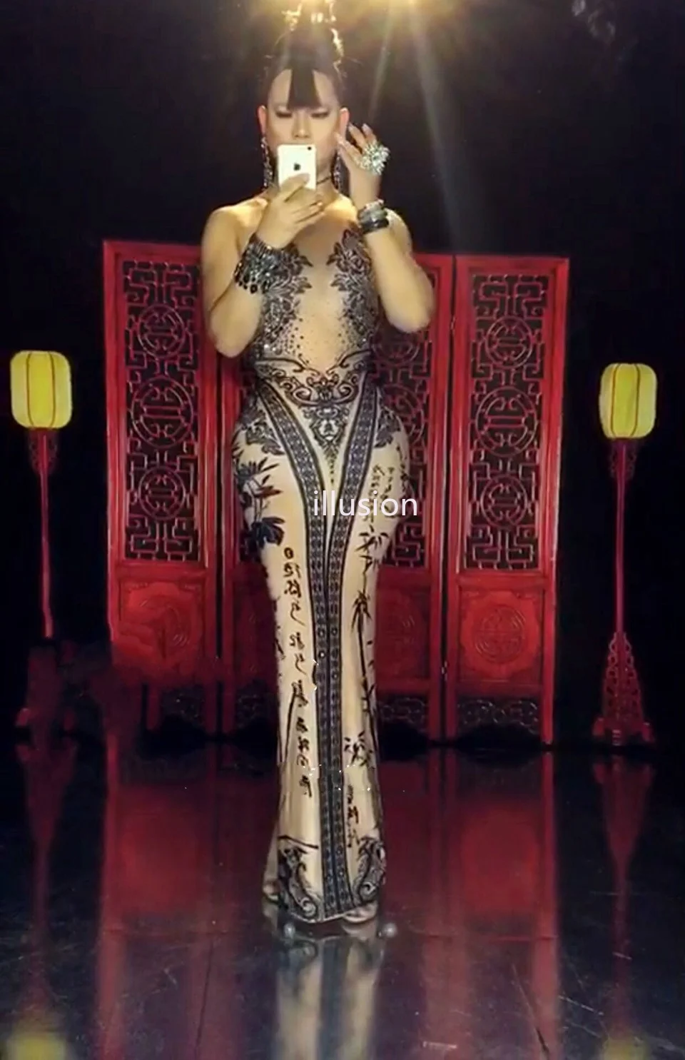 Женское длинное платье с принтом бамбука блестящее прозрачное сценическое