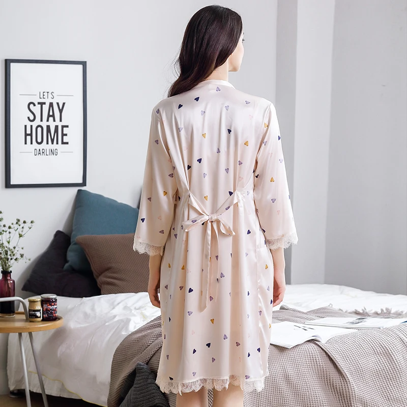 Ice Silk Robe Sets With Bust Pad Female Sexy Lace Nightdress Summer Two-Piece Sleeping Robes Thin Sleepwear Women 1926