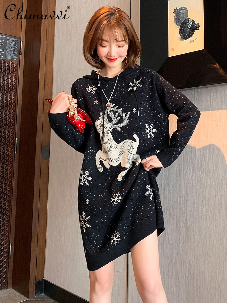 

Женское Повседневное трикотажное жаккардовое платье, модное облегающее платье с капюшоном и кулиской в виде снежинок и оленей, осень 2021