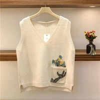 beige ru cartoon cat pocket fall v neck knit sleeveless sweater easy vest loose out coat lady top cloth for girl women waistcoat
