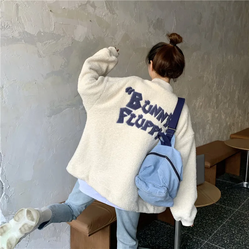 

2021 New Winter Warm Lambswool Hooded Jacket Coat Women Casual Zipper Patchwork Loose Outwear Female