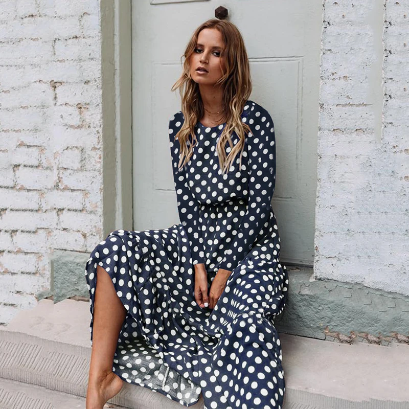 Женское платье в горошек Foridol винтажное длинное с длинным рукавом и оборками