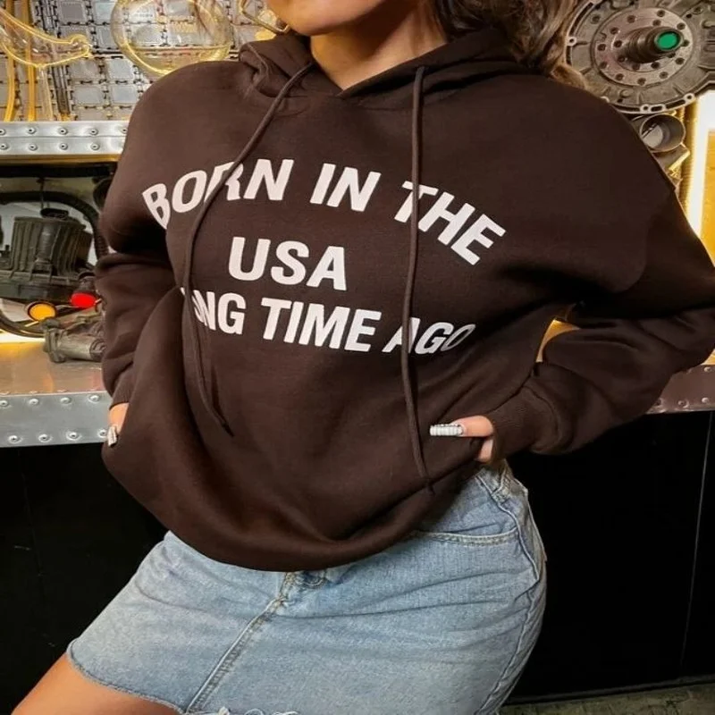 

Brown American Letter Print Loose Hoodies Women Clothes for Teens Long Sleeve Casual Female Sweatshirt Fall Sudaderas Para Mujer