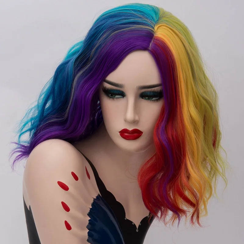purpleyellow MSI парики Короткие Косплей парики для женщин цвет радуги волнистые парики сторона Центральная линия волос Cos синтетический розовый чистая Омбре волос - Цвет: purpleyellow