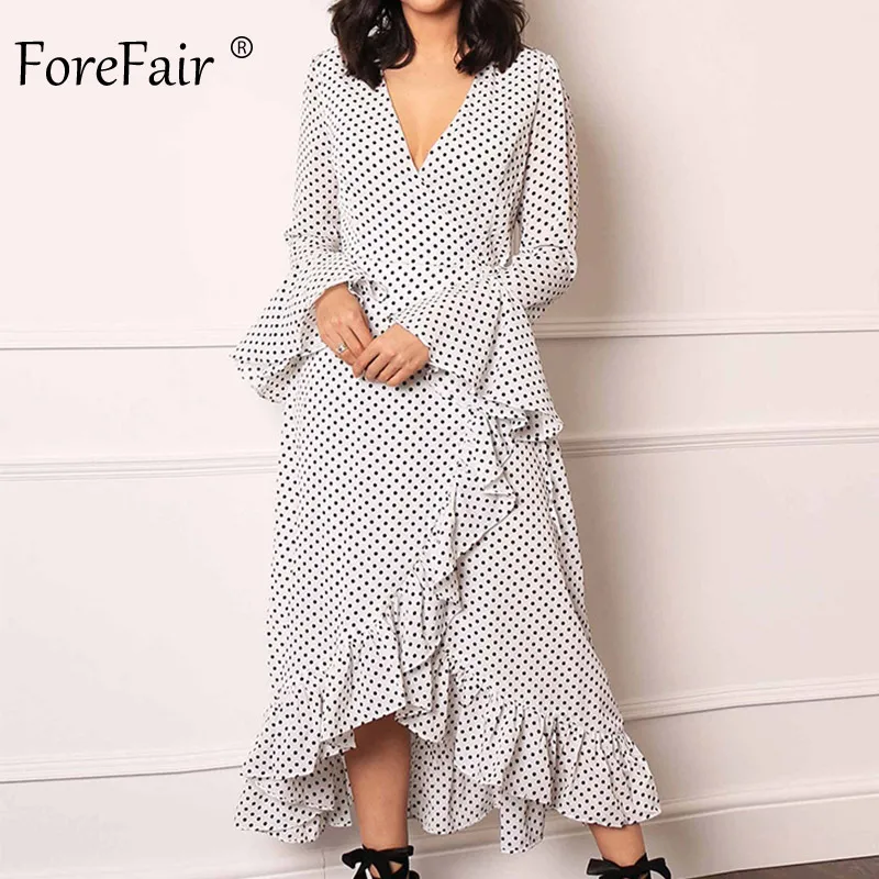 Forefair с узором в горошек платье запахом и оборками сексуальное Вечерние 2019 осень