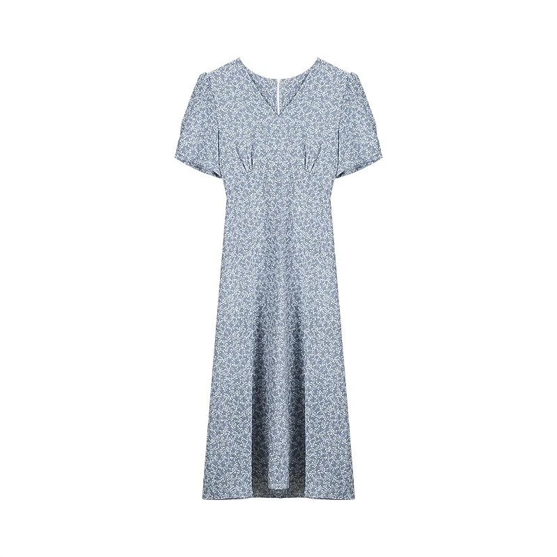 

Elegant Sweet V-neck Flower Print Dresses Women French Style Summer Silm Waist One Piece Temperament Office Lady Woman Dress
