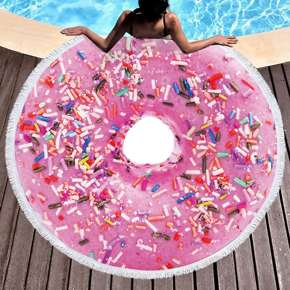 

Kawaii Doughnut Dessert Candy Foods Beach Bath Towel Round Sea Blanket Digital Printing Seaside Yoga Carpet Picnic Mat Absorbent