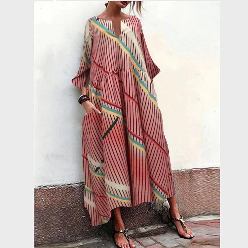 

Women Striped Long Dress Sexy V Neck Long Sleeve Autumn Winter Dresses Loose Boho Dress