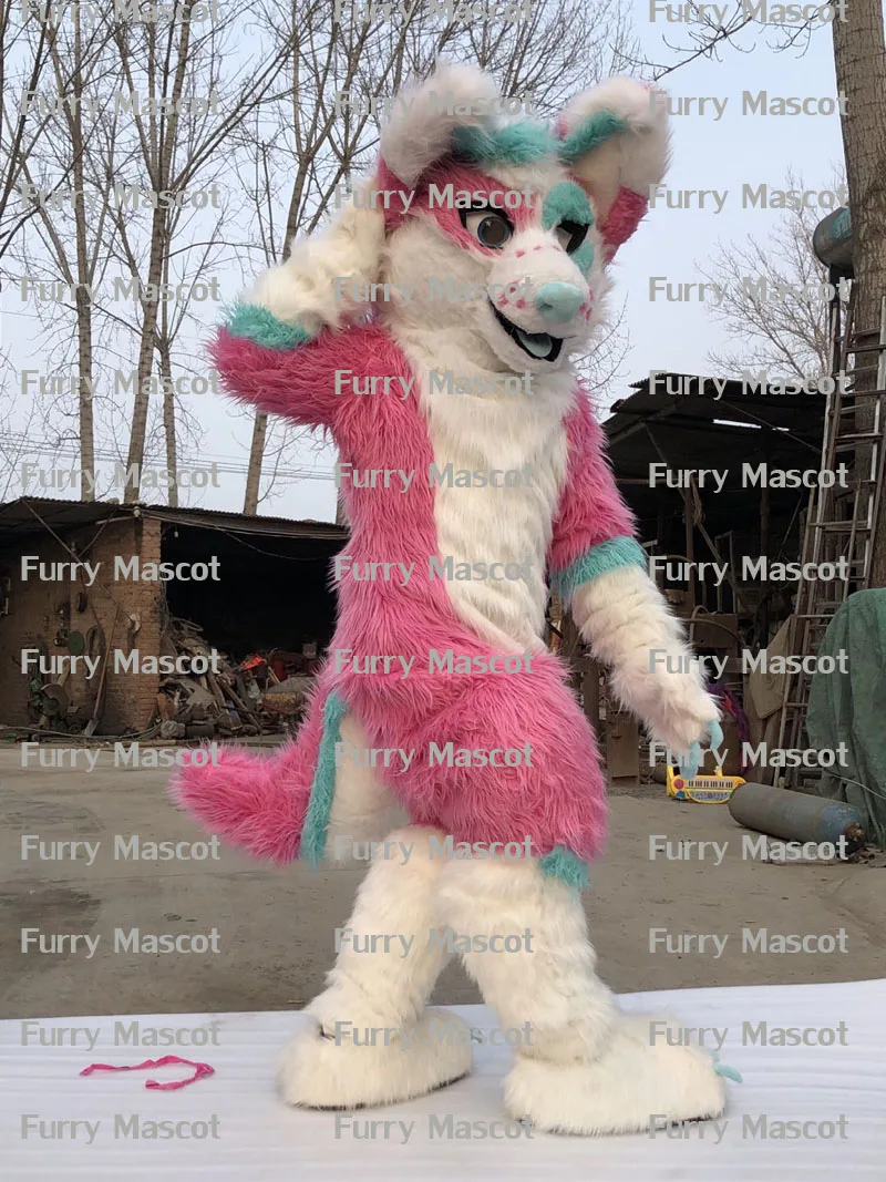 Оригинальное фото розовый женский костюм талисман для девушек Хаски дог лидер