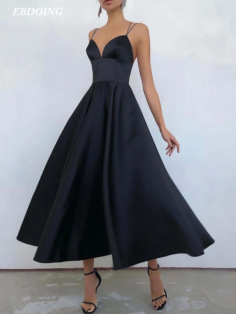 

EBDOING Women Black Prom Dress Spaghetti Straps Sleeveless Special Occasion Party Dress Robe de soiree