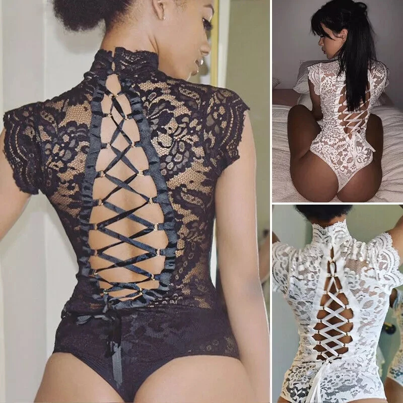 

Women's Erotic High Neck See-Through Lace Floral Sleeveless Bow Bandage Sexy One-Piece Bodysuit Elegant Sexy Lingerie