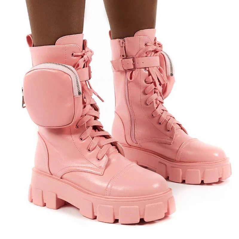 

Women Boots 2021 Fashion Chunky Boots Pocket Platform Boots White Shoes For Women Autumn Winter Boots High Heels Botas Mujer