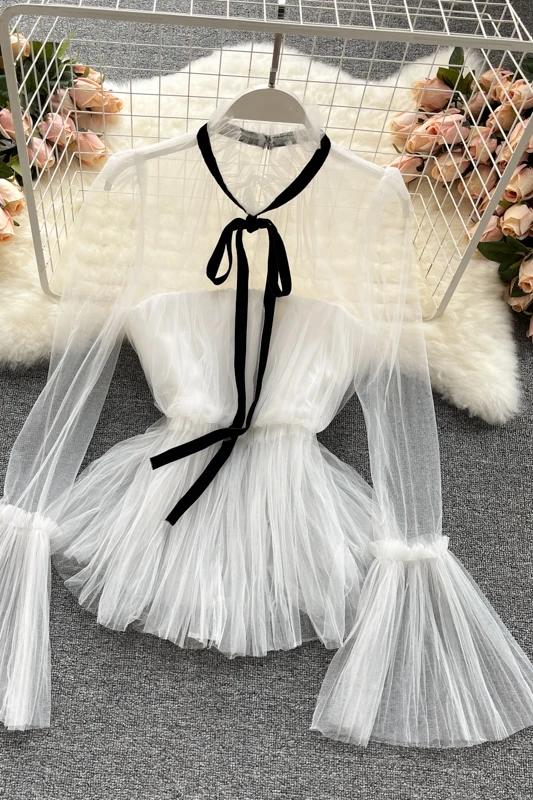 

Court Style Fairy Mesh Bell Sleeve Sweet Ruffled Collar Slim Fit Easy Matching Waisted Ruffle Swing Top Women's Summer Wear