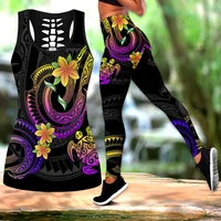 newest polynesian frangipani flower 3d printed hollow tank top leggings set fitness female full length leggings running pants