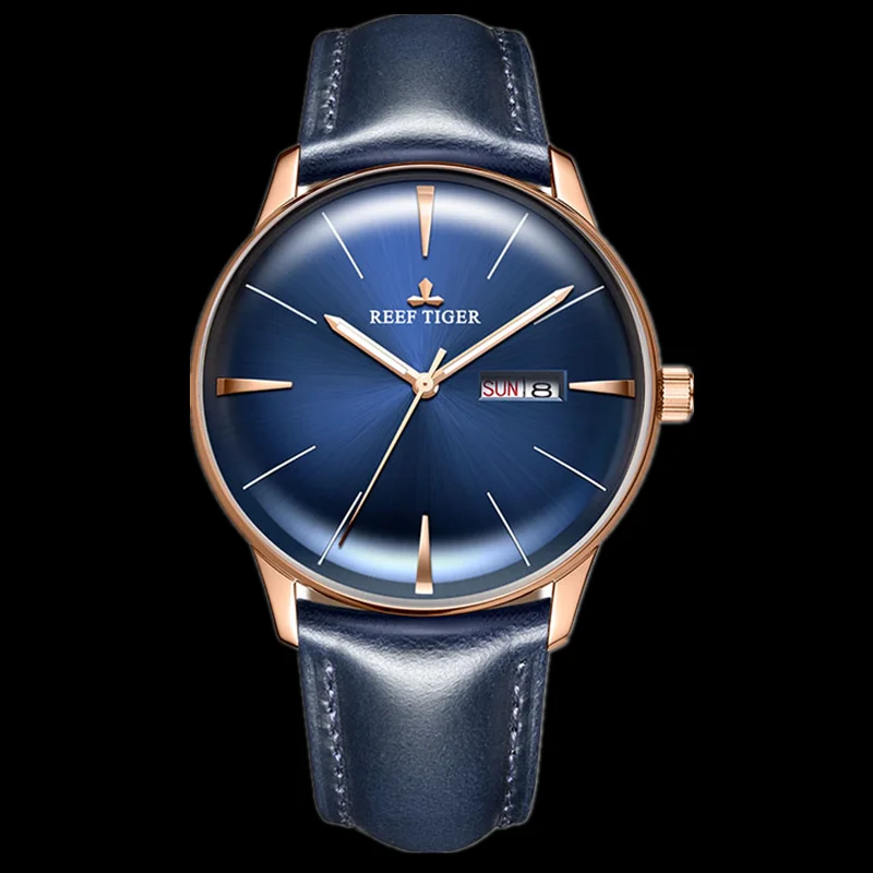 Риф Тигр роскошные часы для мужчин из натуральной кожи синий автоматические