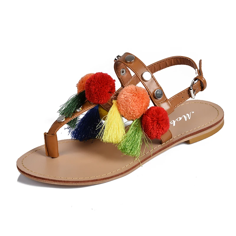 

Flat Sandals Women Summer Shoes Flip Flops Buckle Strap Sandals Plush Ball Fringe Ladies Shoes Clip Toed Fashion Gladiator Shoes