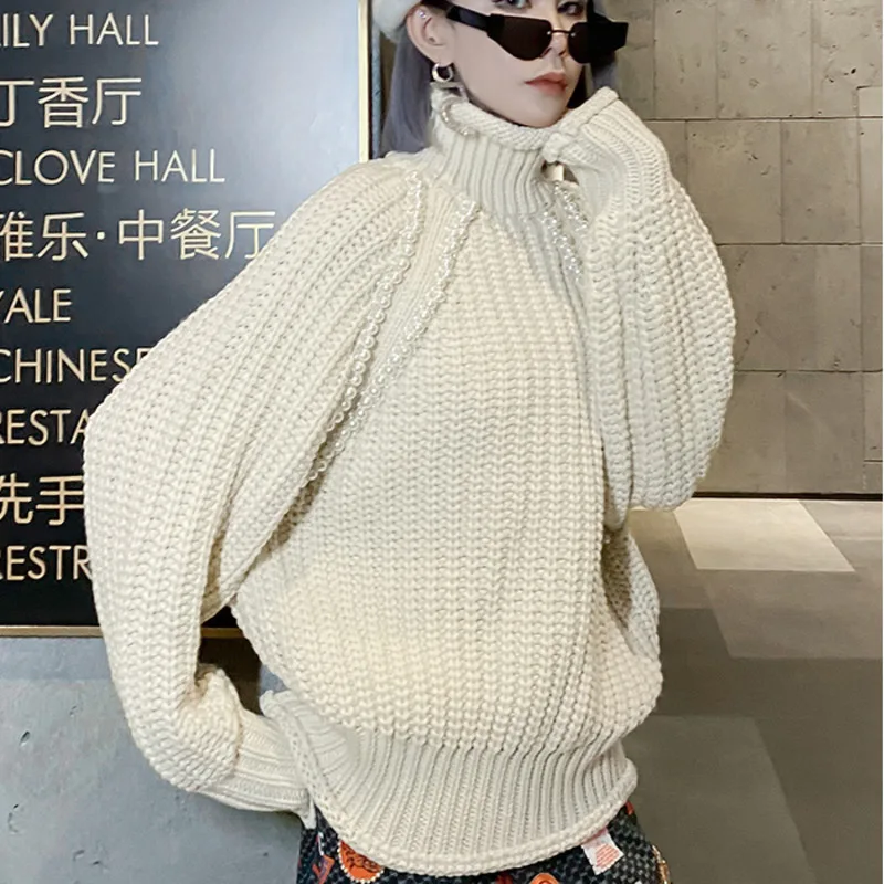 

XUXI Turtleneck Curled Sweater Women Autumn Winter 2021 New Loose Thin Beading Bead Long Sleeve Top Fashion E3280