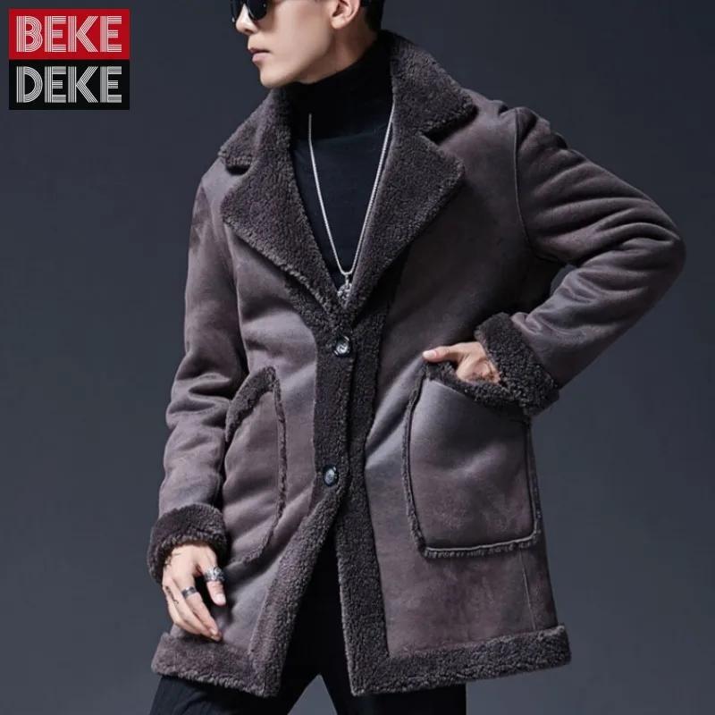 

Winter Men Thick Warm Wool Lining Long Coat Single Breasted Business Man Suede Leather Sheep Real Fur Jacket Outwear Overcoat