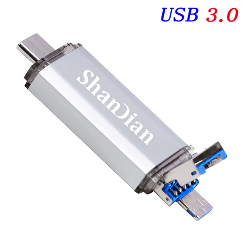 Silver SHANDIAN OTG 3 в 1 взаимный обмен данными между компьютером и периферийными устройствами флэш-накопители USB3.0& Тип type-C и Micro USB 128 Гб 64 ГБ 32 ГБ оперативной памяти, 16 Гб встроенной памяти, 8 ГБ 4 ГБ на флэшке, двойной флеш-накопитель USB пользовательских - Цвет: Silver
