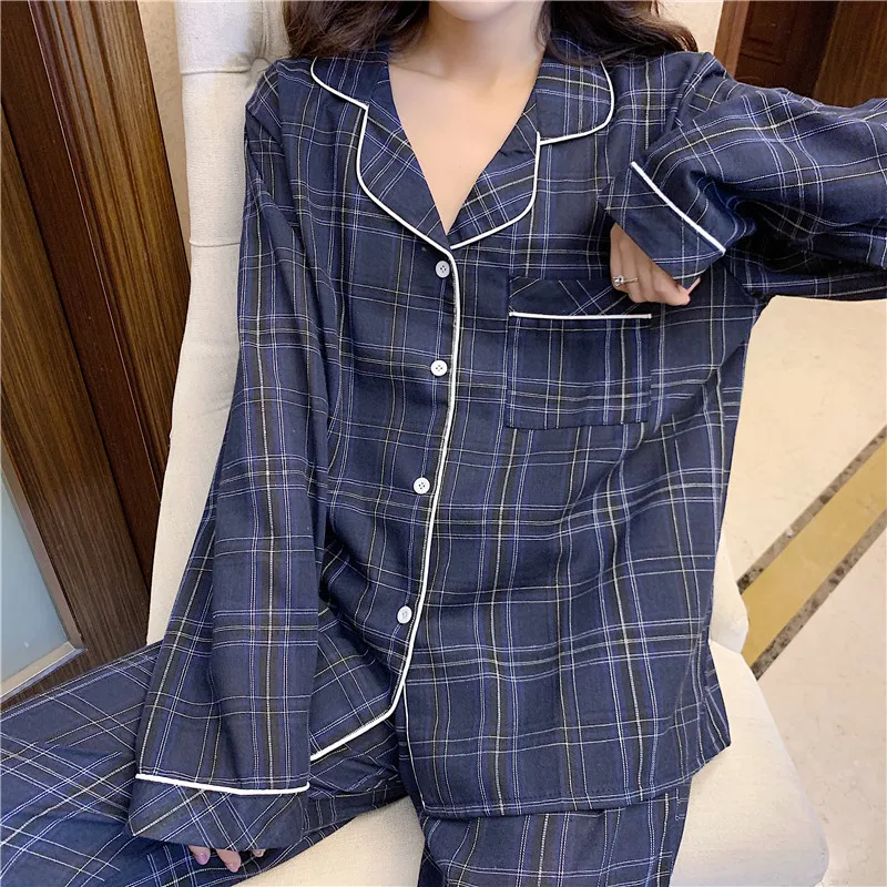 

autumn casual home set women pajamas set pocket plaid sleepwear 2 piece set lapel collar shirts pants lounge wear homewear