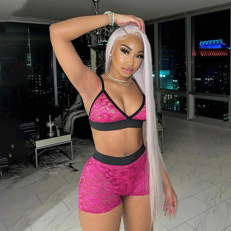 

CHRONSTYLE Sexy Underwear 2 Pieces Lace Patchwork Bra Tube Crop Top Women Shorts Nightwear Sleepwear Summer 2021 Party Clubwear